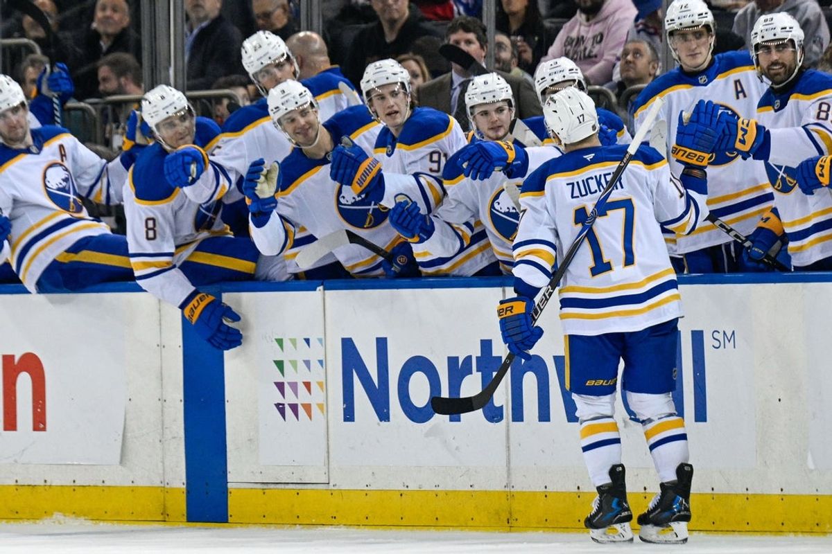 Apr 8, 2026; New York, New York, USA; Buffalo Sabres left wing Jason Zucker (17) celebrates his goal against the New York Rangers during the third period at Madison Square Garden. Mandatory Credit: Dennis Schneidler-Imagn Images