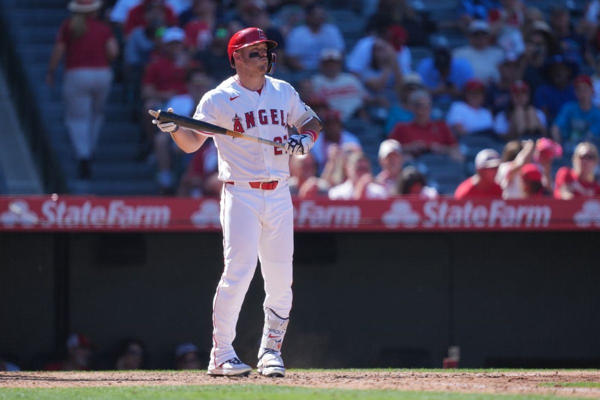 Apr 8, 2026; Anaheim, California, USA; Los Angeles Angels center fielder Mike Trout (27) reacts after striking out in the seventh inning against the Atlanta Braves at Angel Stadium. Mandatory Credit: Kirby Lee-Imagn Images