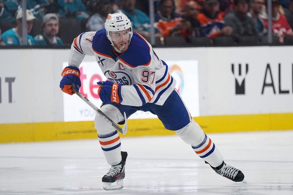 Apr 8, 2026; San Jose, California, USA;  Edmonton Oilers center Connor McDavid (97) looks for the puck during a game against the San Jose Sharks in the second period at SAP Center at San Jose. Mandatory Credit: David Gonzales-Imagn Images