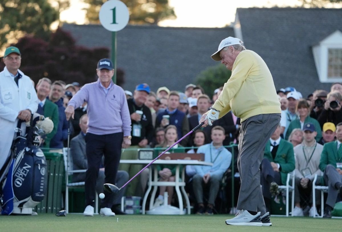 Apr 9, 2026; Augusta, Georgia, USA; Honorary starter Jack Nicklaus tees off on the first hole during the first round of the Masters Tournament at Augusta National Golf Club. Mandatory Credit: Michael Madrid-Imagn Images