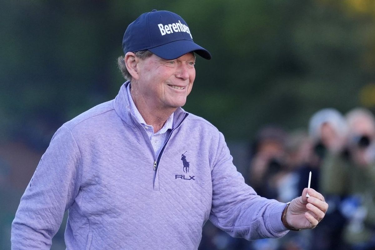Apr 9, 2026; Augusta, Georgia, USA; Honorary starter Tom Watson reacts after teeing off on the first hole during the first round of the Masters Tournament at Augusta National Golf Club. Mandatory Credit: Katie Goodale-Imagn Images