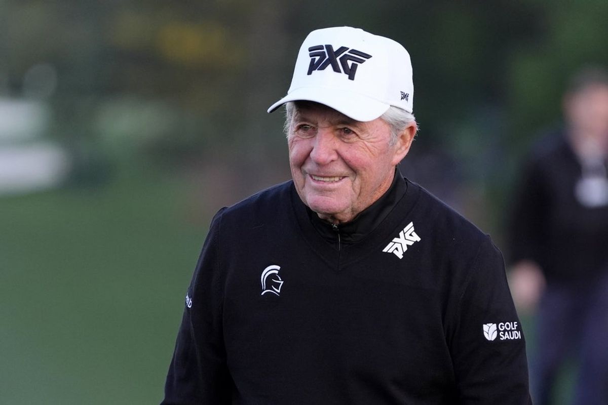 Apr 9, 2026; Augusta, Georgia, USA; Honorary starter Gary Player reacts after teeing off on the first hole during the first round of the Masters Tournament at Augusta National Golf Club. Mandatory Credit: Katie Goodale-Imagn Images