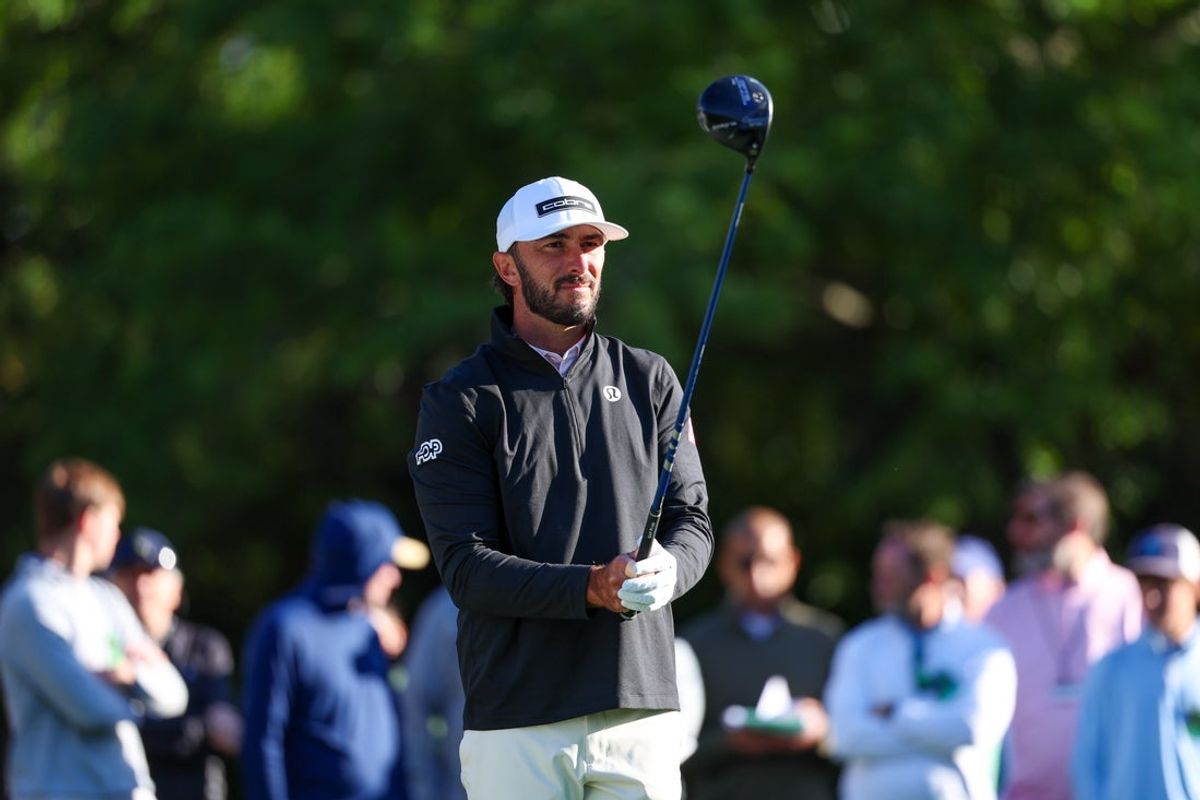Apr 9, 2026; Augusta, Georgia, USA; Max Homa prepares to play his tee shot on the fifth hole during the first round of the Masters Tournament at Augusta National Golf Club. Mandatory Credit: Bill Streicher-Imagn Images
