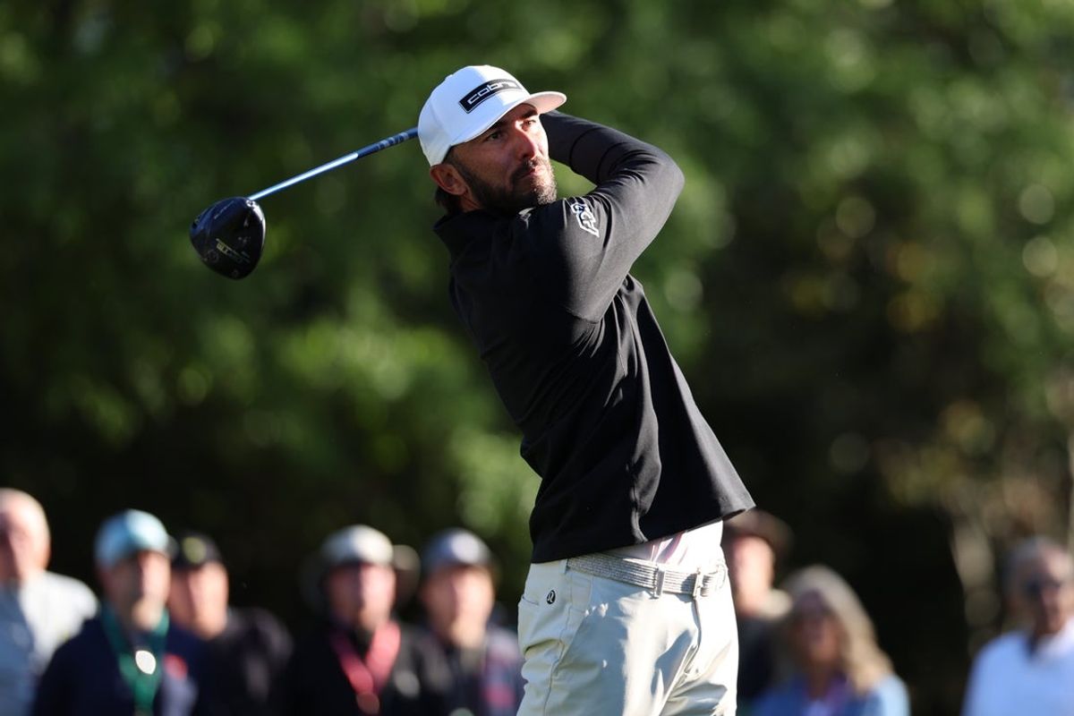 Apr 9, 2026; Augusta, Georgia, USA; Max Homa plays his shot from the fifth tee during the first round of the Masters Tournament at Augusta National Golf Club. Mandatory Credit: Bill Streicher-Imagn Images
