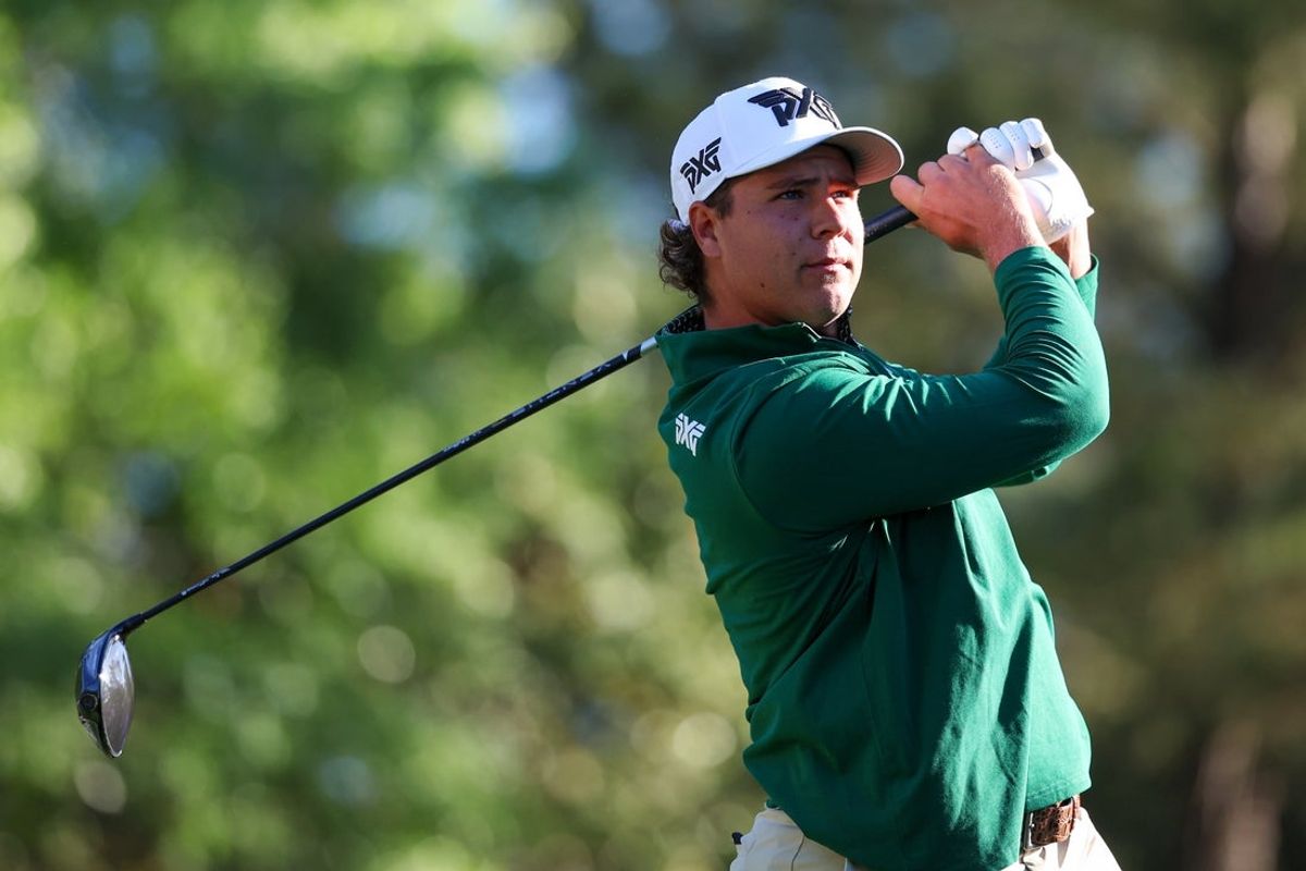 Apr 9, 2026; Augusta, Georgia, USA; Aldrich Potgieter plays his shot from the fifth tee during the first round of the Masters Tournament at Augusta National Golf Club. Mandatory Credit: Bill Streicher-Imagn Images