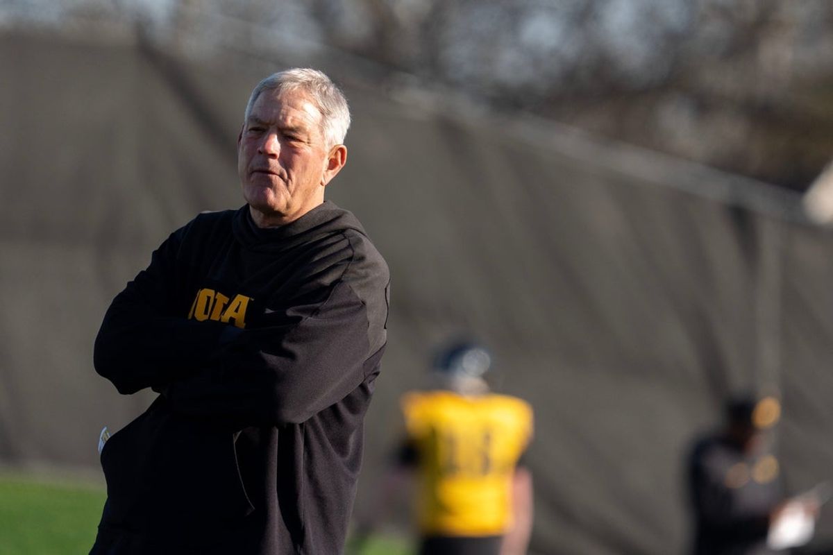 Iowa head coach Kirk Ferentz watches the football team during practice April 9, 2026 in Iowa City, Iowa.