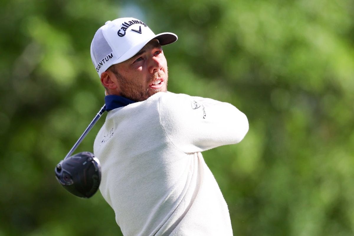 Apr 9, 2026; Augusta, Georgia, USA; Sam Burns plays his shot from the fifth tee during the first round of the Masters Tournament at Augusta National Golf Club. Mandatory Credit: Bill Streicher-Imagn Images