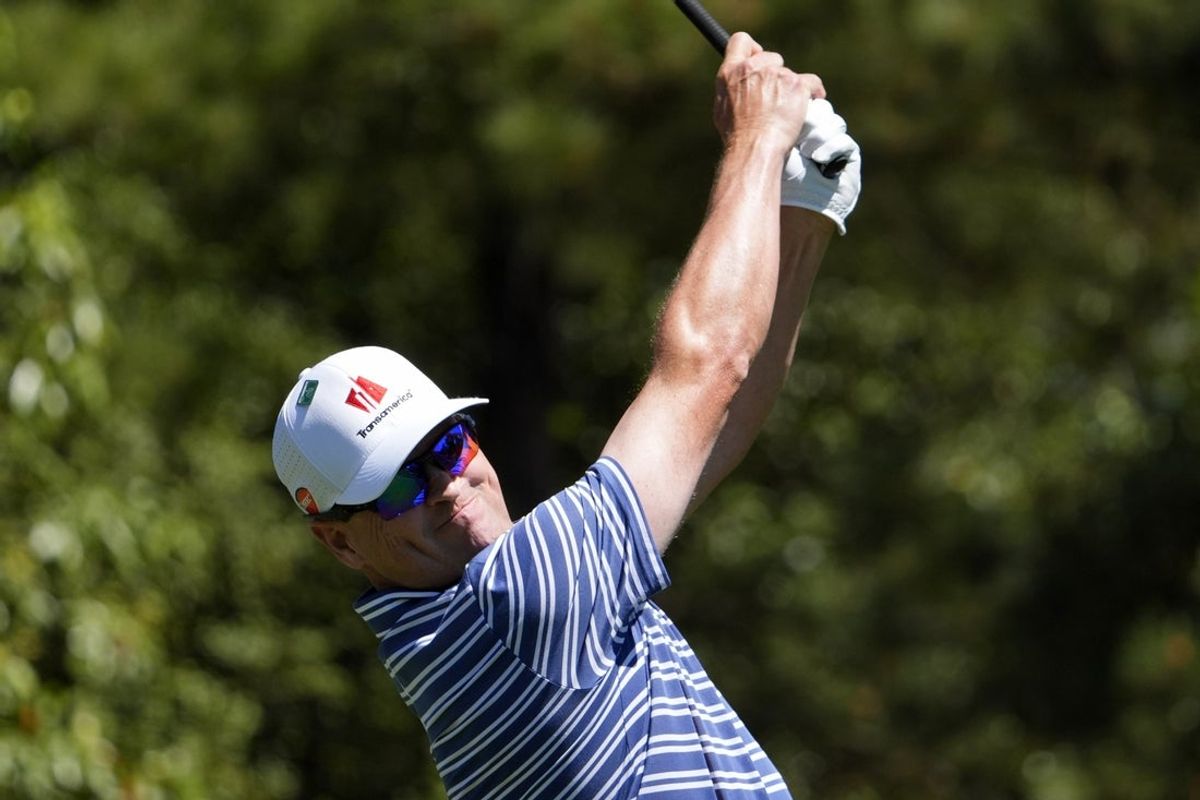 Apr 9, 2026; Augusta, Georgia, USA; Zach Johnson tees off on the fifth hole during the first round of the Masters Tournament at Augusta National Golf Club. Mandatory Credit: Katie Goodale-Imagn Images