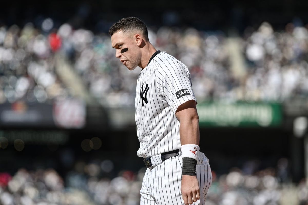Apr 9, 2026; Bronx, New York, USA; New York Yankees right fielder Aaron Judge (99) reacts after grounding out to end the eighth inning against the Athletics at Yankee Stadium. Mandatory Credit: John Jones-Imagn Images