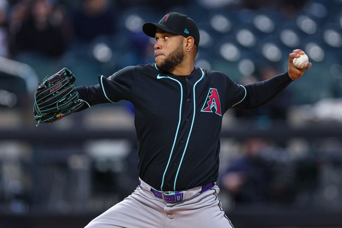 Apr 9, 2026; New York City, New York, USA; Arizona Diamondbacks pitcher Eduardo Rodriguez (57) delivers a pitch during the first inning against the New York Mets at Citi Field. Mandatory Credit: Vincent Carchietta-Imagn Images
