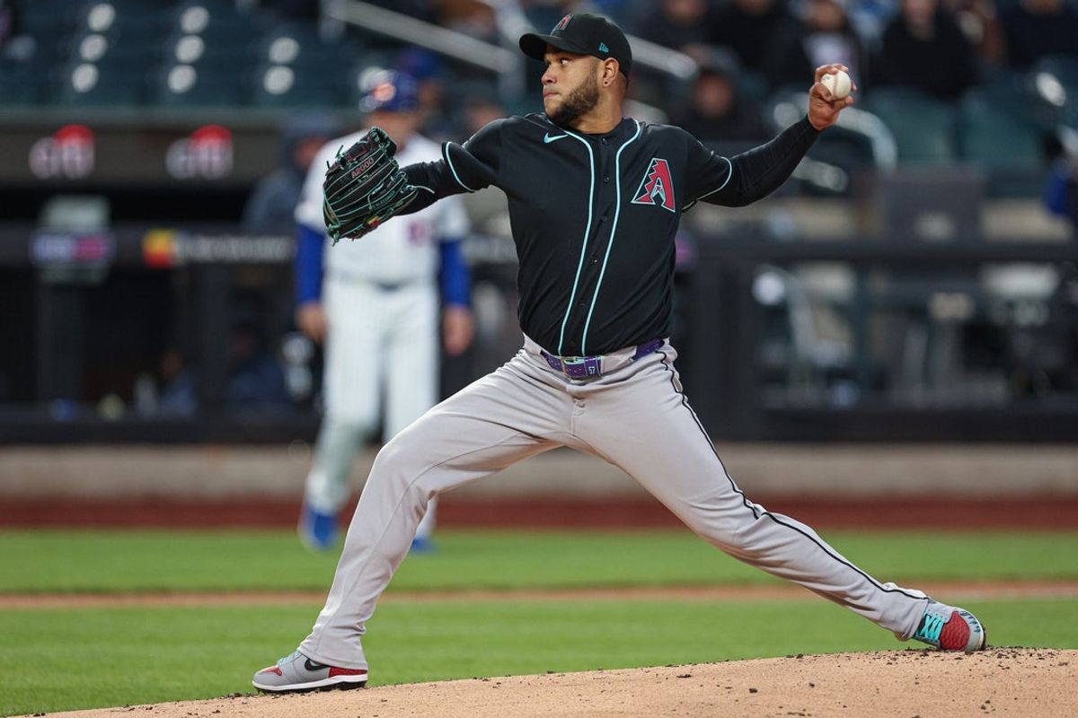 Apr 9, 2026; New York City, New York, USA; Arizona Diamondbacks pitcher Eduardo Rodriguez (57) delivers a pitch during the first inning against the New York Mets at Citi Field. Mandatory Credit: Vincent Carchietta-Imagn Images