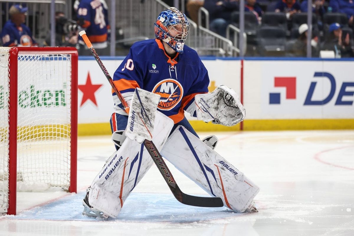 Apr 9, 2026; Elmont, New York, USA; New York Islanders goaltender Ilya Sorokin (30) stands in the goal crease during the first period against the Toronto Maple Leafs at UBS Arena. Mandatory Credit: Wendell Cruz-Imagn Images