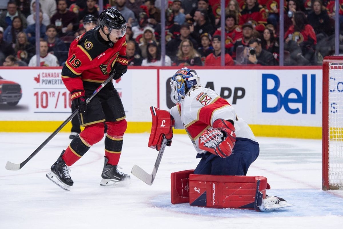 Apr 9, 2026; Ottawa, Ontario, CAN; Ottawa Senators right wing Drake Batherson (19) scores against Florida Panthers goalie Sergei Bobrovsky (72) in the first period at the Canadian Tire Centre. Mandatory Credit: Marc DesRosiers-IMAGN Images
