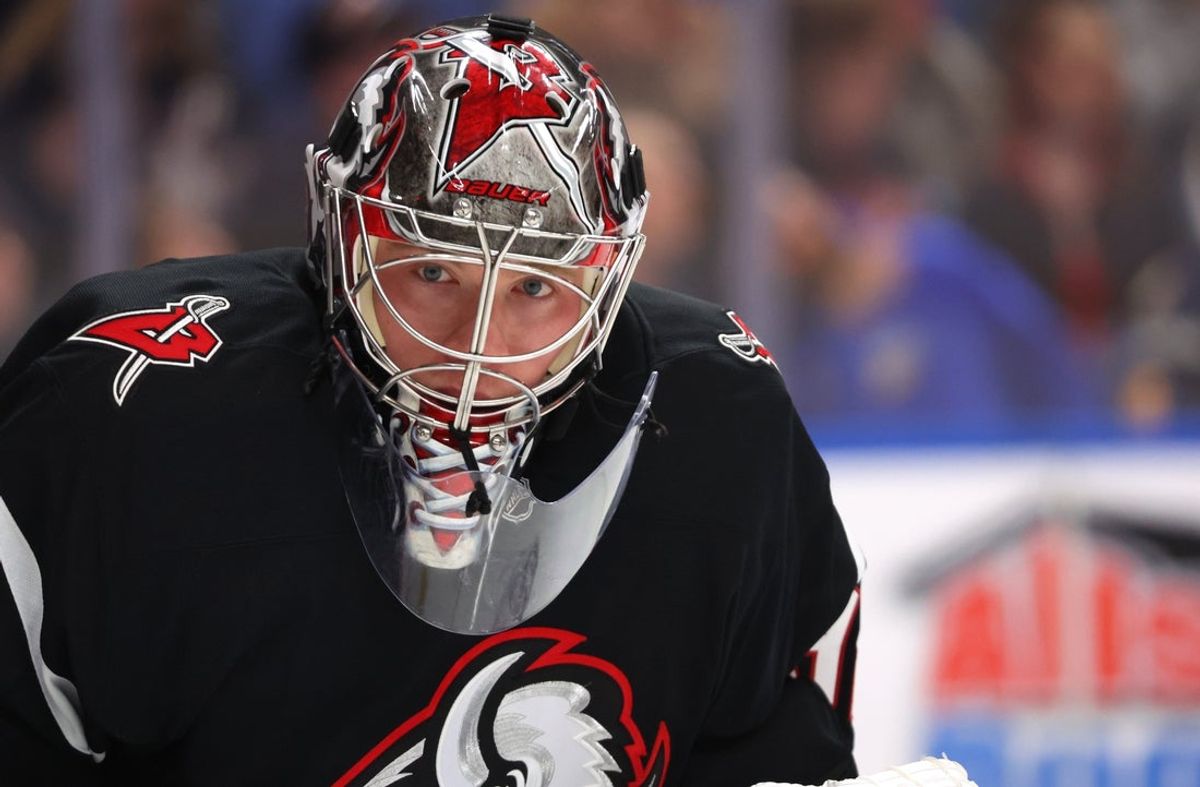 Apr 9, 2026; Buffalo, New York, USA;  Buffalo Sabres goaltender Colten Ellis (92) on the ice before the start of a game against the Columbus Blue Jackets at KeyBank Center. Mandatory Credit: Timothy T. Ludwig-Imagn Images
