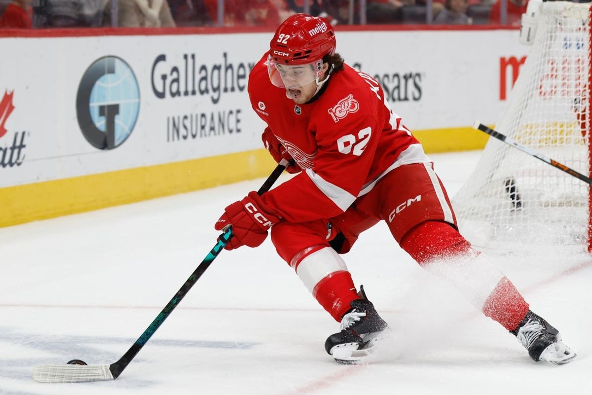 Mar 28, 2026; Detroit, Michigan, USA;  Detroit Red Wings center Marco Kasper (92) skates with the puck in the second period against the Philadelphia Flyers at Little Caesars Arena. Mandatory Credit: Rick Osentoski-Imagn Images
