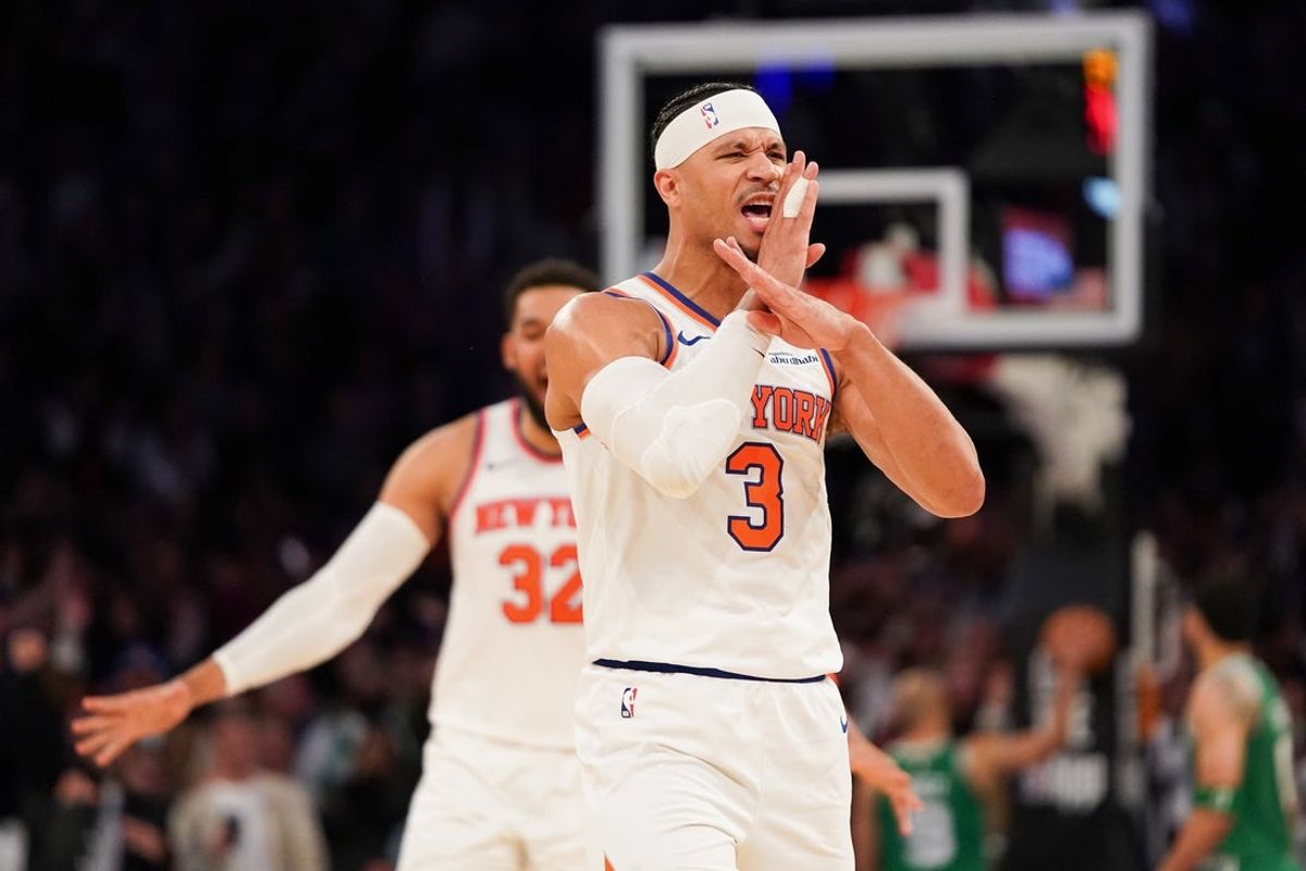 Apr 9, 2026; New York, New York, USA; New York Knicks guard Josh Hart (3) celebrates after hitting a three pointer late in the fourth quarter against the Boston Celtics at Madison Square Garden. Mandatory Credit: Lucas Boland-Imagn Images