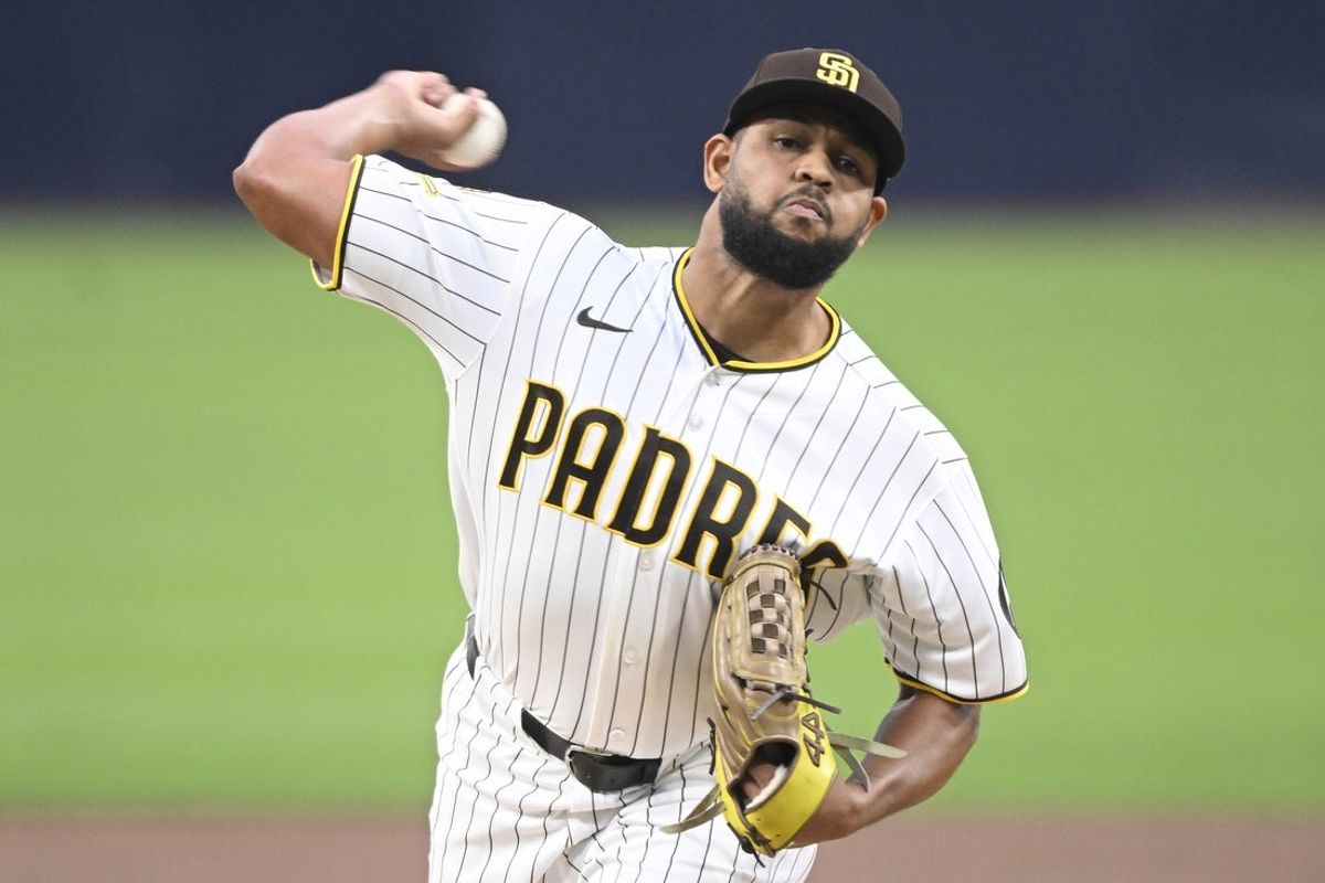 Apr 9, 2026; San Diego, California, USA; San Diego Padres starting pitcher Randy Vasquez (98) delivers a pitch during the first inning against the San Diego Padres at Petco Park. Mandatory Credit: Denis Poroy-Imagn Images