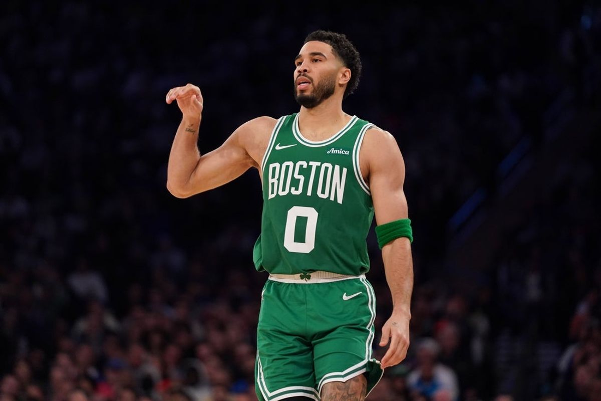 Apr 9, 2026; New York, New York, USA; Boston Celtics forward Jayson Tatum (0) reacts after three point attempt during the fourth quarter against the New York Knicks at Madison Square Garden. Mandatory Credit: Lucas Boland-Imagn Images