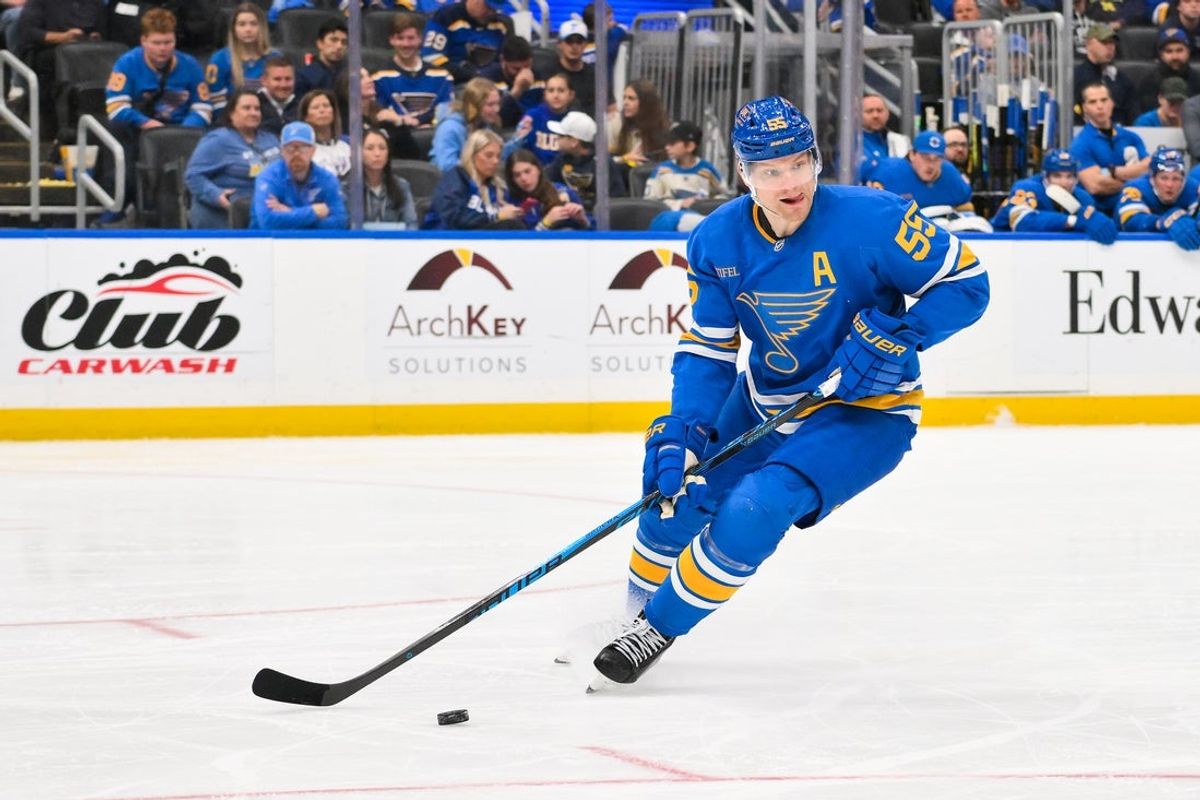 Apr 9, 2026; St. Louis, Missouri, USA; St. Louis Blues defenseman Colton Parayko (55) controls the puck against the Winnipeg Jets during the third period at Enterprise Center. Mandatory Credit: Jeff Curry-Imagn Images