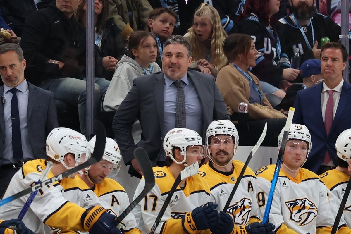 Apr 9, 2026; Salt Lake City, Utah, USA; Nashville Predators head coach Andrew Brunette looks on during the second period against the Utah Mammoth at Delta Center. Mandatory Credit: Rob Gray-Imagn Images