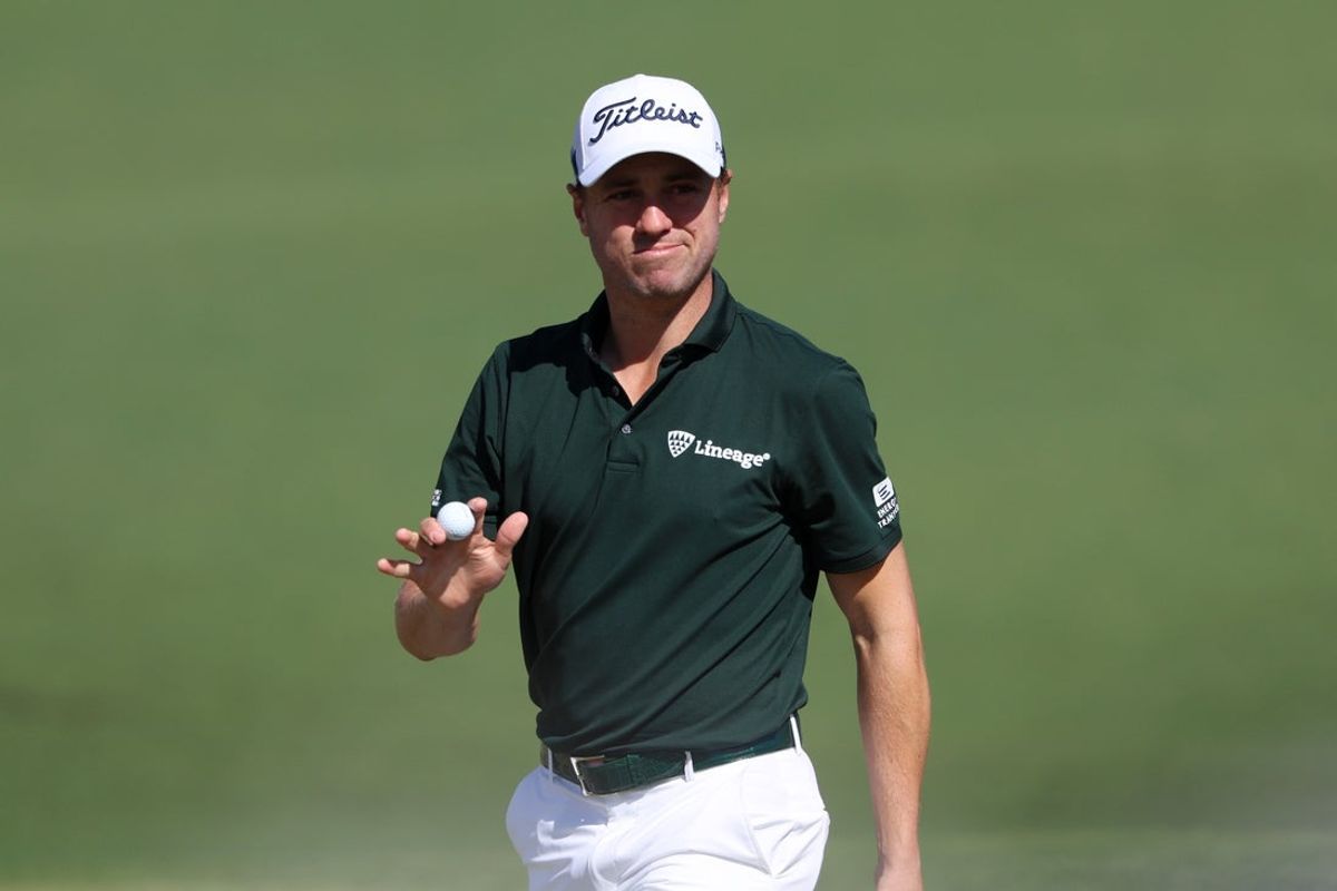 Apr 10, 2026; Augusta, Georgia, USA; Justin Thomas reacts after putting on the second green during the second round of the Masters Tournament at Augusta National Golf Club. Mandatory Credit: Bill Streicher-Imagn Images