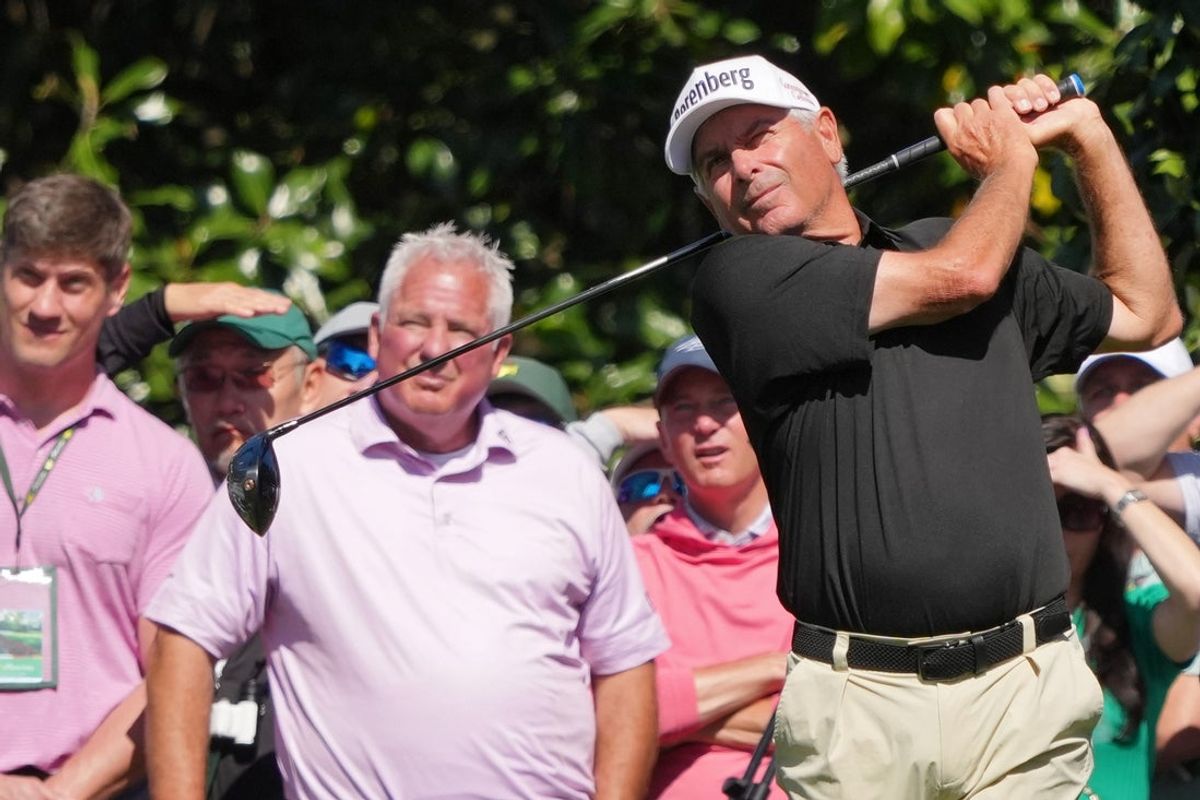 Apr 10, 2026; Augusta, Georgia, USA; Fred Couples tees off on the ninth hole during the second round of the Masters Tournament at Augusta National Golf Club. Mandatory Credit: Michael Madrid-Imagn Images