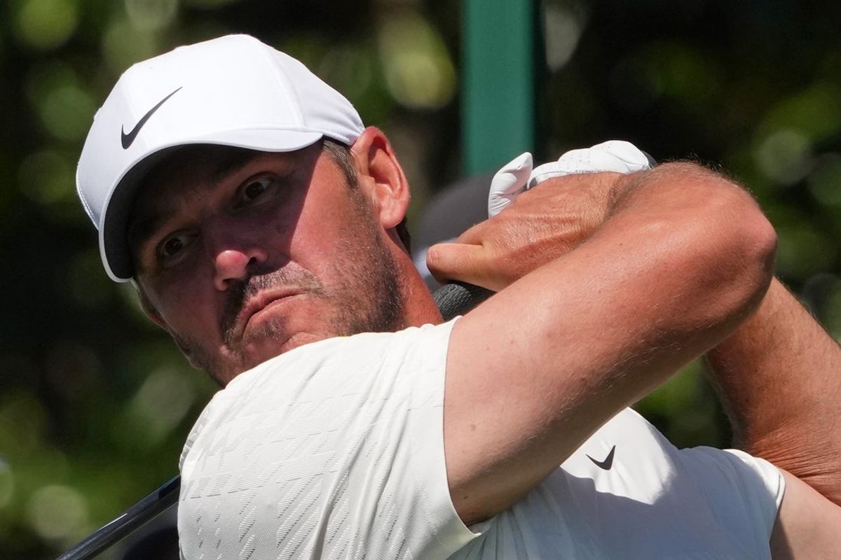 Apr 10, 2026; Augusta, Georgia, USA; Brooks Koepka tees off on the ninth hole during the second round of the Masters Tournament at Augusta National Golf Club. Mandatory Credit: Michael Madrid-Imagn Images