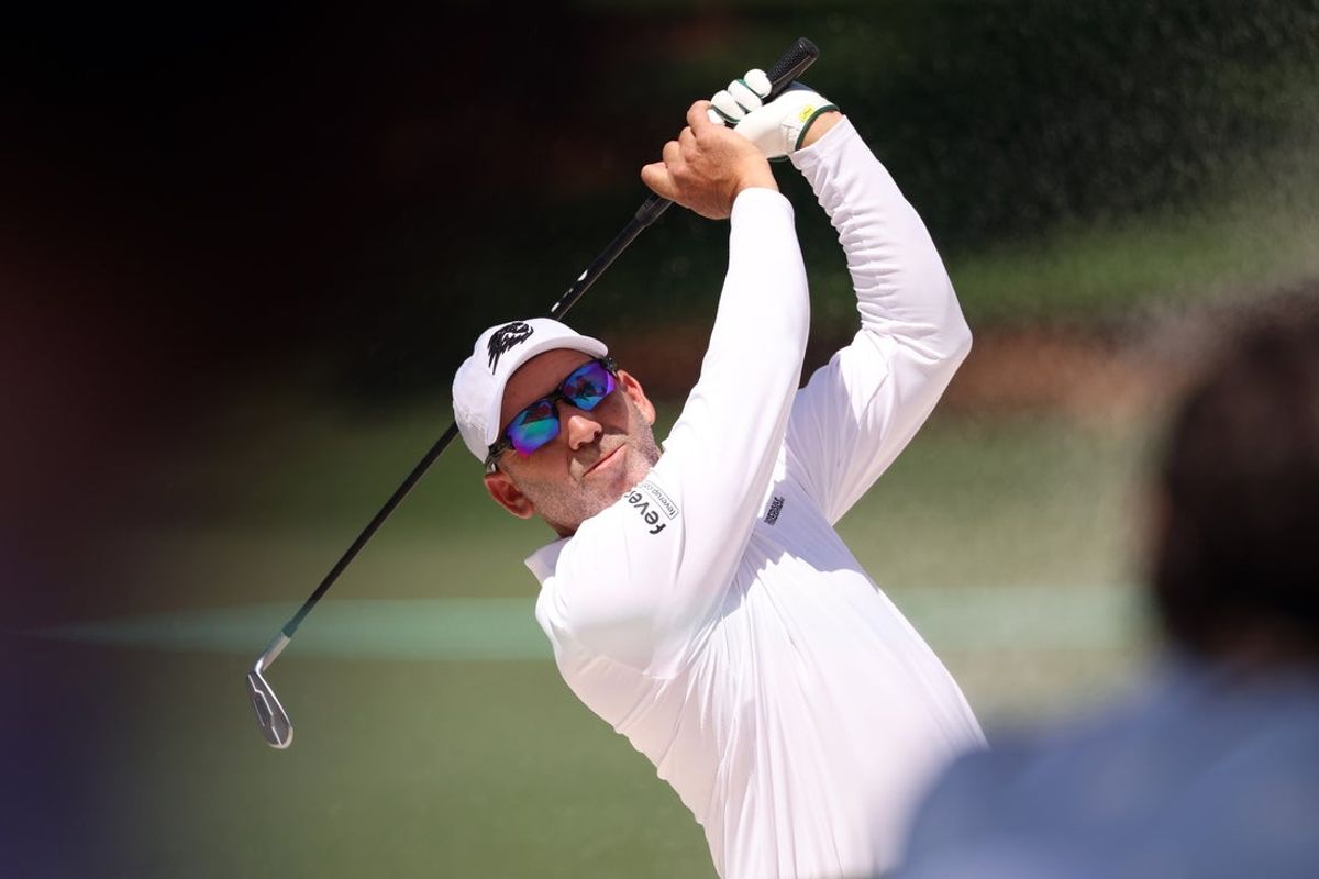 Apr 10, 2026; Augusta, Georgia, USA; Sergio Garcia plays his shot on the seventeenth hole from the eighth hole during the second round of the Masters Tournament at Augusta National Golf Club. Mandatory Credit: Bill Streicher-Imagn Images