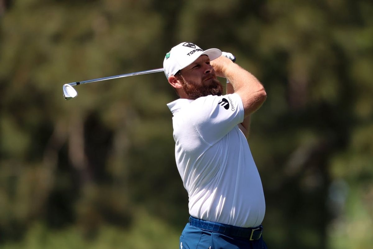 Apr 10, 2026; Augusta, Ga.; Tyrrell Hatton plays his shot on the 17th hole during the second round of the Masters. Credit: Bill Streicher-Imagn Images