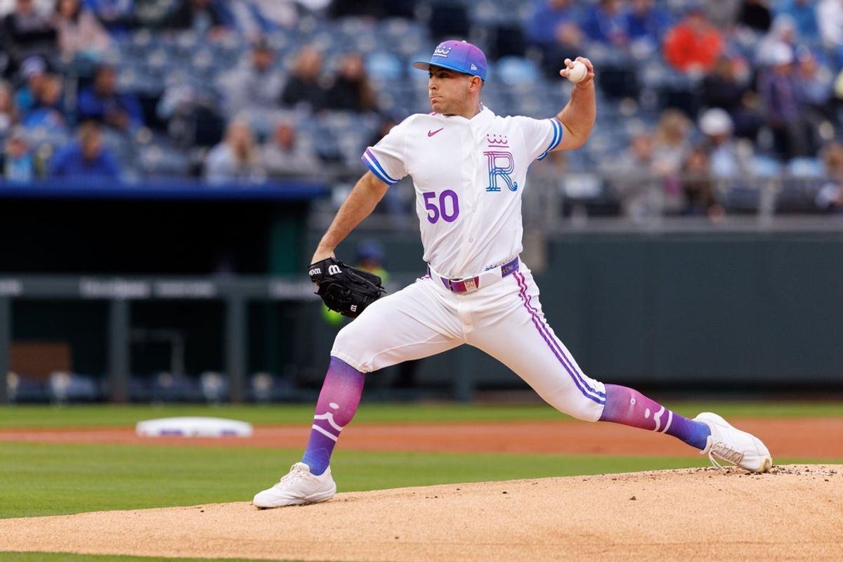 Apr 10, 2026; Kansas City, Missouri, USA; Kansas City Royals pitcher Kris Bubic (50) pitches during the first inning against the Chicago White Sox at Kauffman Stadium. Mandatory Credit: William Purnell-Imagn Images