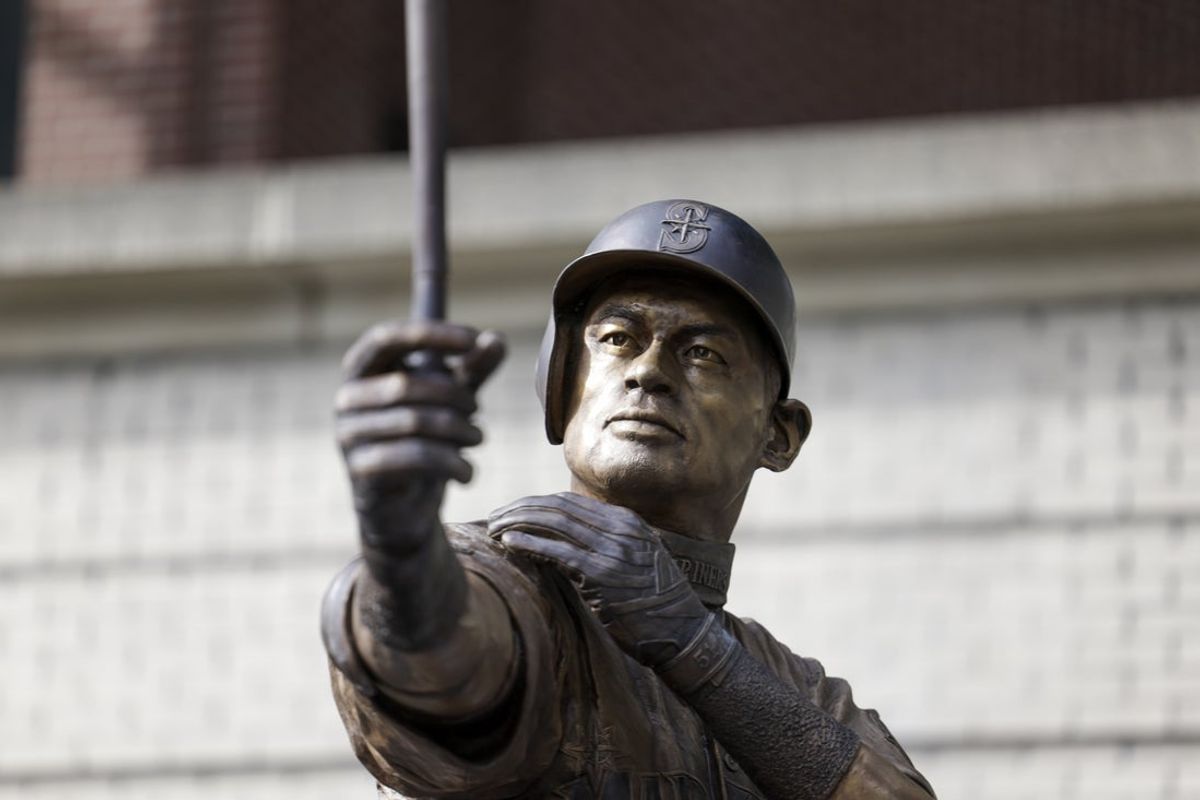 Apr 10, 2026; Seattle, Washington, USA; A bronze statue of Seattle Mariners former outfielder Ichiro Suzuki (51) stands outside T-Mobile Park before a game against the Houston Astros. Mandatory Credit: Joe Nicholson-Imagn Images
