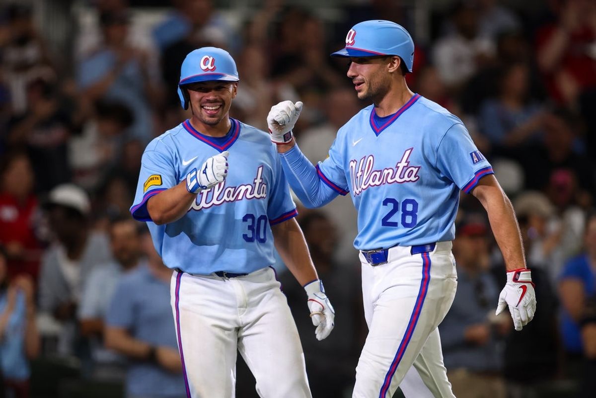 Apr 10, 2026; Atlanta, Georgia, USA; Atlanta Braves first baseman Matt Olson (28) celebrates with catcher Drake Baldwin (30) after a two-run home run against the Cleveland Guardians in the sixth inning at Truist Park. Mandatory Credit: Brett Davis-Imagn Images