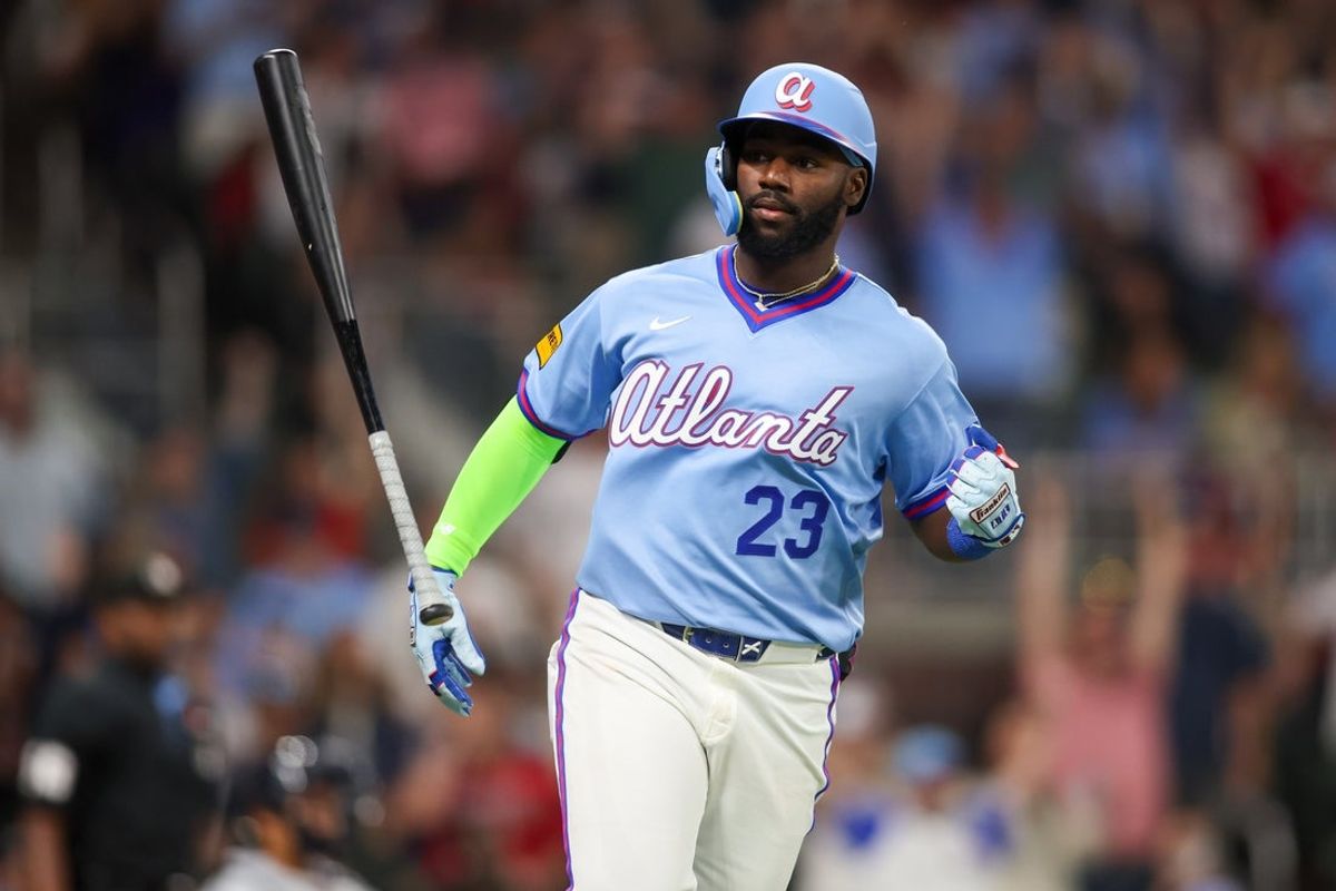 Apr 10, 2026; Atlanta, Georgia, USA; Atlanta Braves center fielder Michael Harris II (23) celebrates after a two-run home run against the Cleveland Guardians in the sixth inning at Truist Park. Mandatory Credit: Brett Davis-Imagn Images