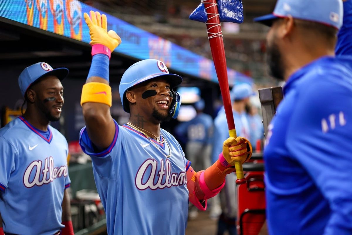 Apr 10, 2026; Atlanta, Georgia, USA; Atlanta Braves right fielder Ronald Acuna Jr. (13) celebrates with teammates after a home run against the Cleveland Guardians in the sixth inning at Truist Park. Mandatory Credit: Brett Davis-Imagn Images