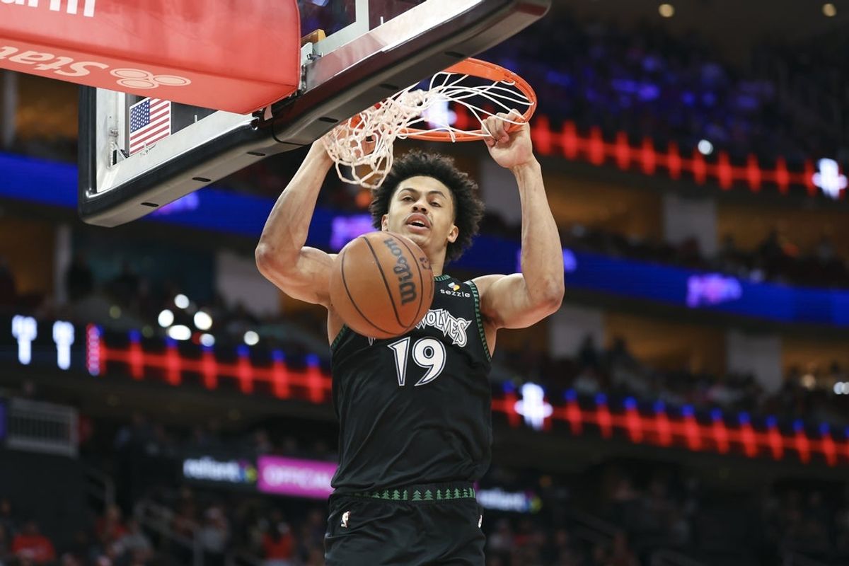 Apr 10, 2026; Houston, Texas, USA; Minnesota Timberwolves forward Joan Beringer (19) dunks the ball during the first quarter against the Houston Rockets at Toyota Center. Mandatory Credit: Troy Taormina-Imagn Images