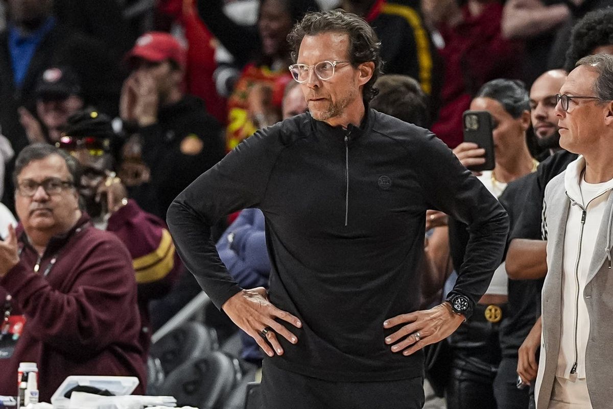 Apr 10, 2026; Atlanta, Georgia, USA; Atlanta Hawks head coach Quin Snyder reacts on the sideline during the game against the Cleveland Cavaliers during the second half at State Farm Arena. Mandatory Credit: Dale Zanine-Imagn Images