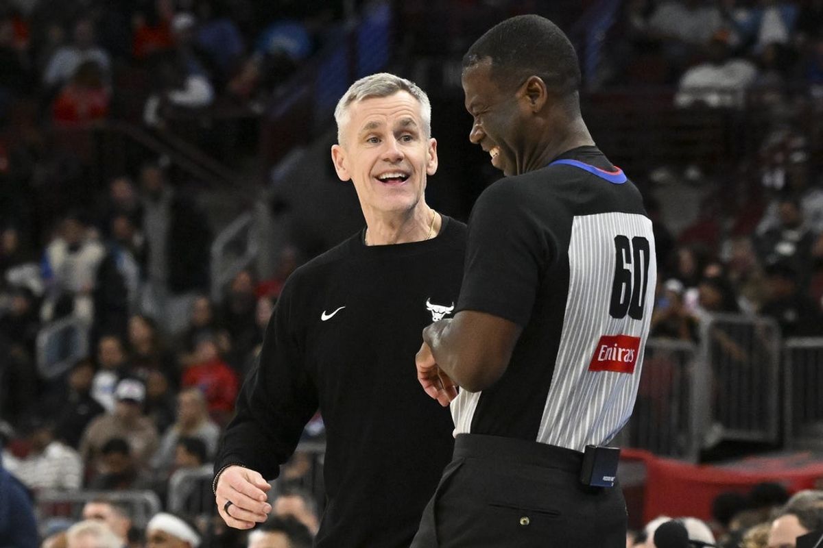 Apr 10, 2026; Chicago, Illinois, USA;  Chicago Bulls Head Coach Billy Donovan laughs with an official during the second half against the Orlando Magic at the United Center. Mandatory Credit: Matt Marton-Imagn Images