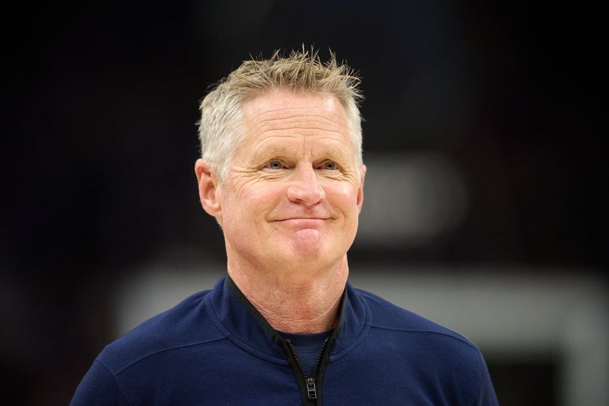 Apr 10, 2026; Sacramento, California, USA; Golden State Warriors head coach Steve Kerr looks on before the start of the game against the Sacramento Kings at Golden 1 Center. Mandatory Credit: Robert Edwards-Imagn Images