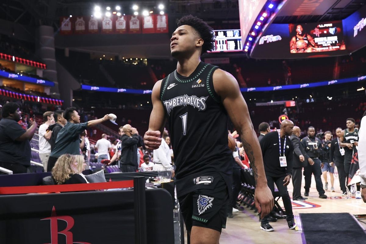 Apr 10, 2026; Houston, Texas, USA; Minnesota Timberwolves guard/forward Terrence Shannon Jr. (1) walks off the court after the game against the Houston Rockets at Toyota Center. Mandatory Credit: Troy Taormina-Imagn Images