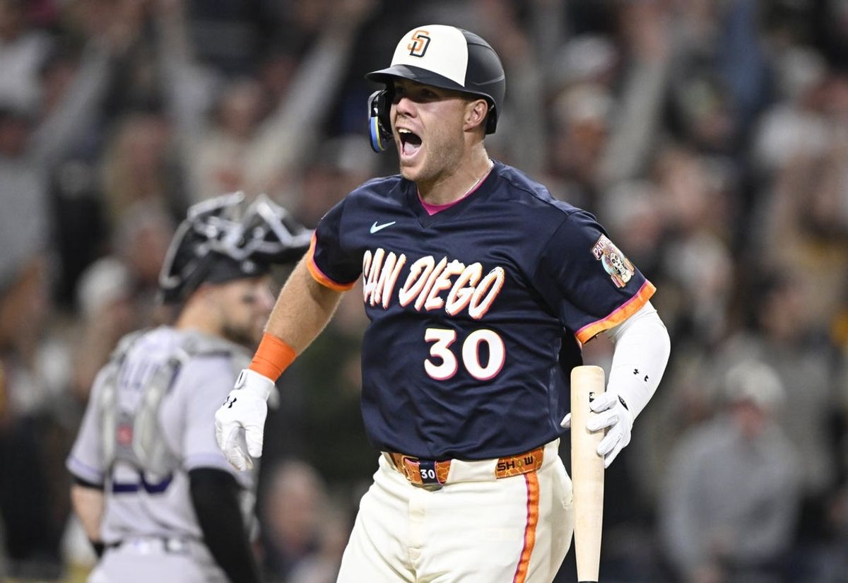 Apr 10, 2026; San Diego, California, USA; San Diego Padres first baseman Gavin Sheets (30) celebrates after hitting a walk off three-run home run during the ninth inning against the Colorado Rockies at Petco Park. Mandatory Credit: Denis Poroy-Imagn Images