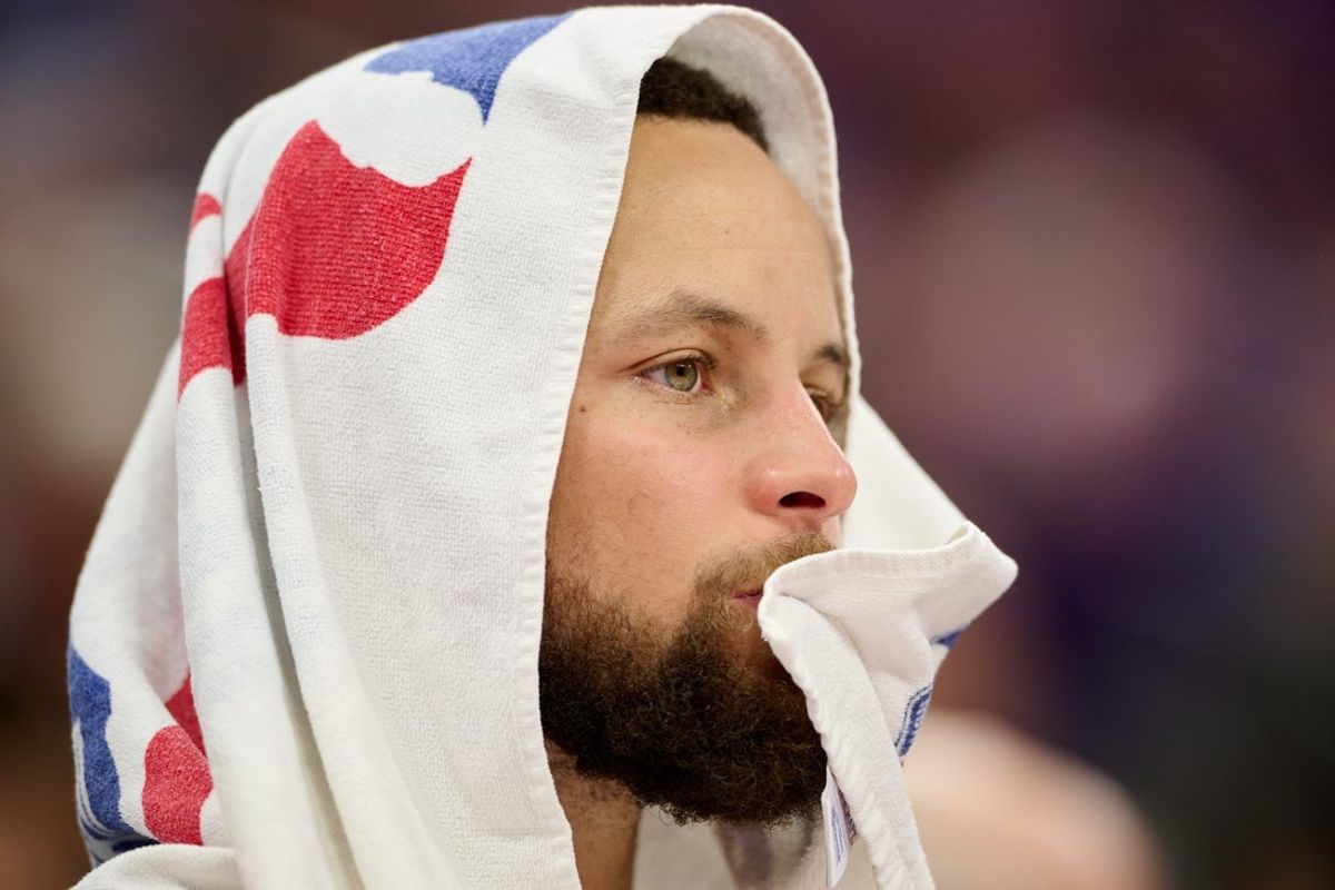 Apr 10, 2026; Sacramento, California, USA; Golden State Warriors guard Stephen Curry (30) looks on from the bench during the third quarter against the Sacramento Kings at Golden 1 Center. Mandatory Credit: Robert Edwards-Imagn Images