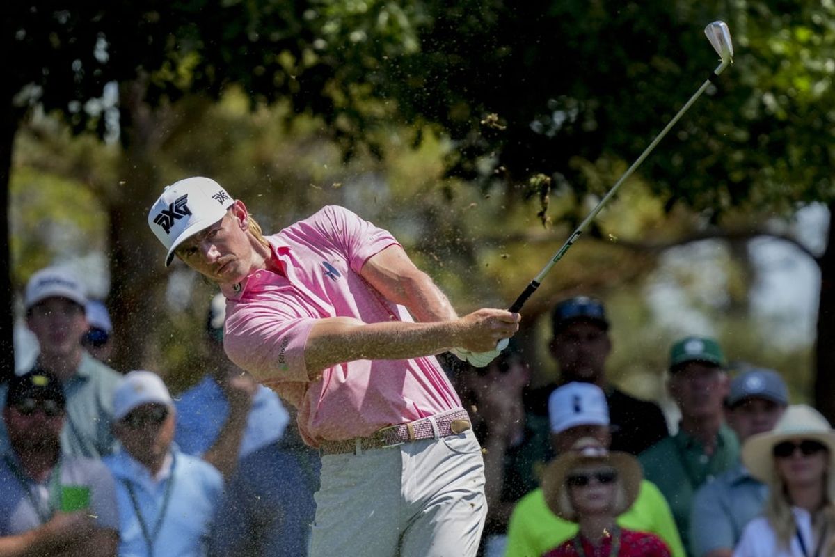 Apr 11, 2026; Augusta, Georgia, USA; Jake Knapp tees off on the fourth hole during the third round of the Masters Tournament at Augusta National Golf Club. Mandatory Credit: Grace Smith-Imagn Images