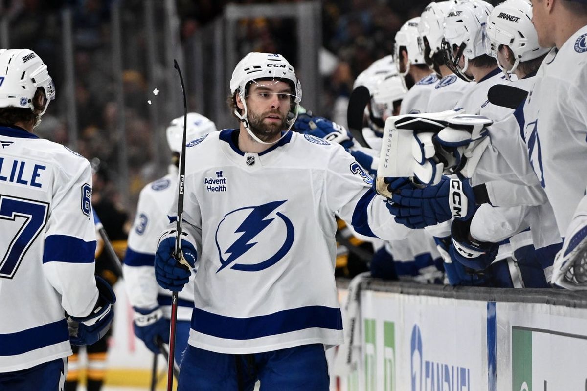 Apr 11, 2026; Boston, Massachusetts, USA; Tampa Bay Lightning left wing Brandon Hagel (38) reacts after scoring a goal against the Boston Bruins during the third period at the TD Garden. Mandatory Credit: Brian Fluharty-Imagn Images