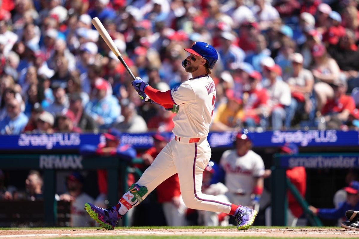 Apr 11, 2026; Philadelphia, Pennsylvania, USA; Philadelphia Phillies infielder Bryce Harper (3) hits a home run against the Arizona Diamondbacks in the third inning at Citizens Bank Park. Mandatory Credit: Kyle Ross-Imagn Images