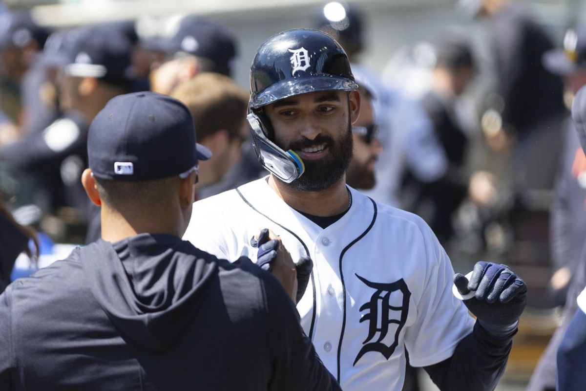 Apr 11, 2026; Detroit, Michigan, USA; Detroit Tigers left fielder Riley Greene (31) celebrates with teammates after scoring a run in the third inning at Comerica Park. Mandatory Credit: Brian Bradshaw Sevald-Imagn Images