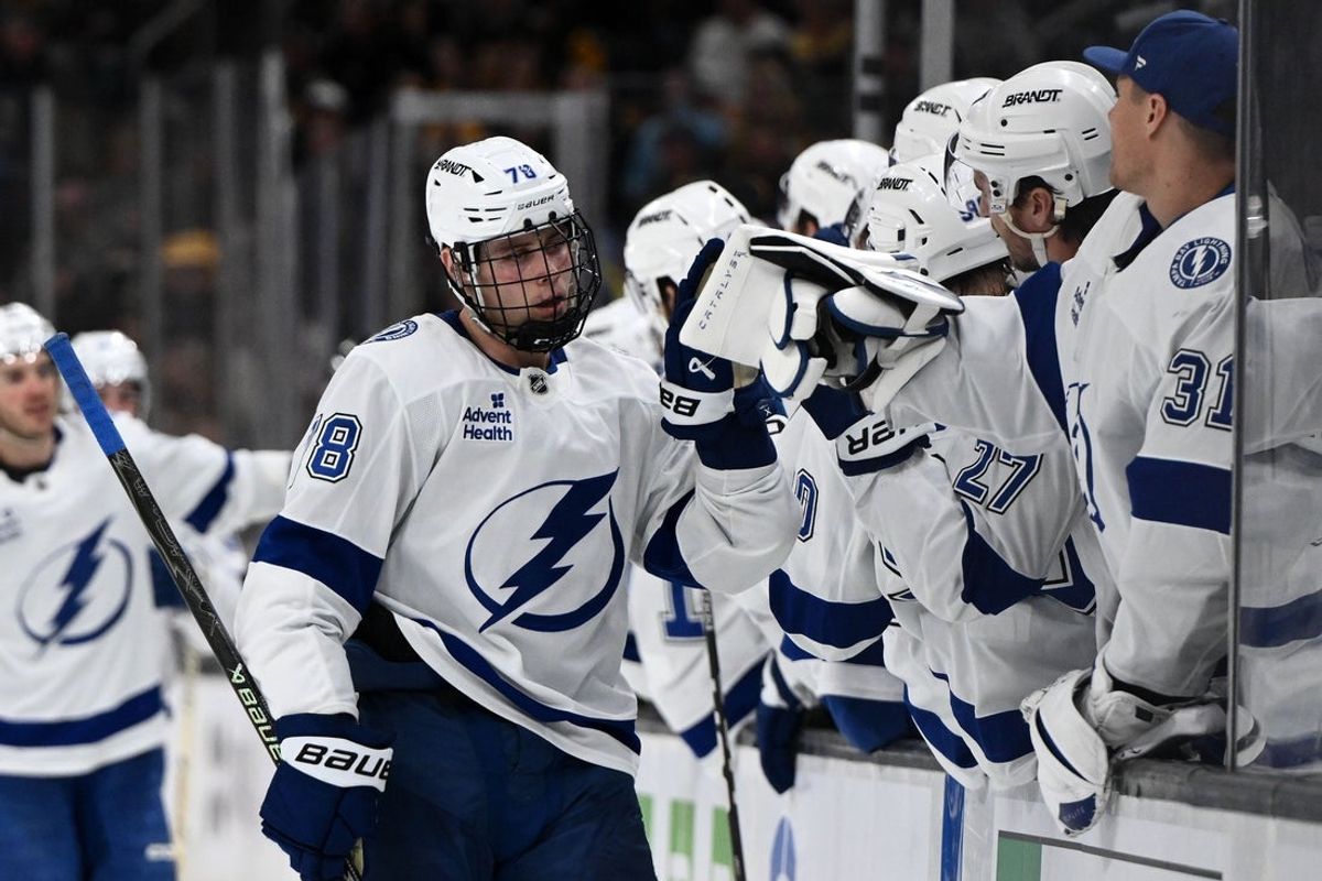 Apr 11, 2026; Boston, Massachusetts, USA; Tampa Bay Lightning defenseman Emil Lilleberg (78) celebrates with his teammates after scoring a goal against the Boston Bruins during the third period at the TD Garden. Mandatory Credit: Brian Fluharty-Imagn Images