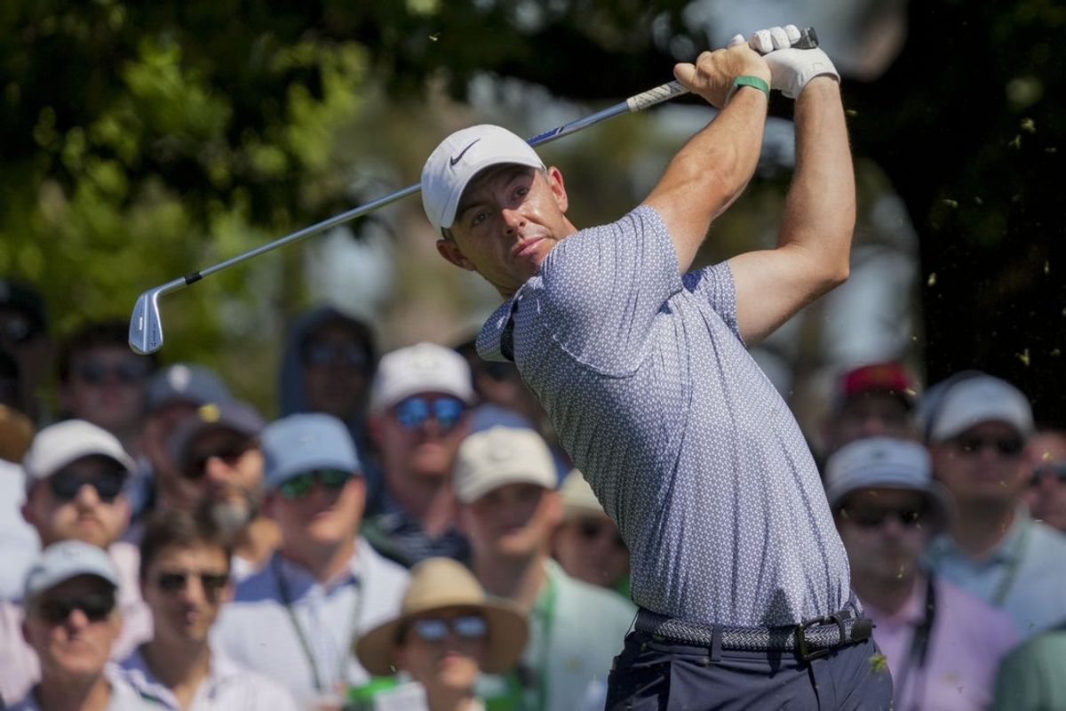 Rory McIlroy tees off during the third round of the 2026 Masters. Credit: Grace Smith-Imagn Images