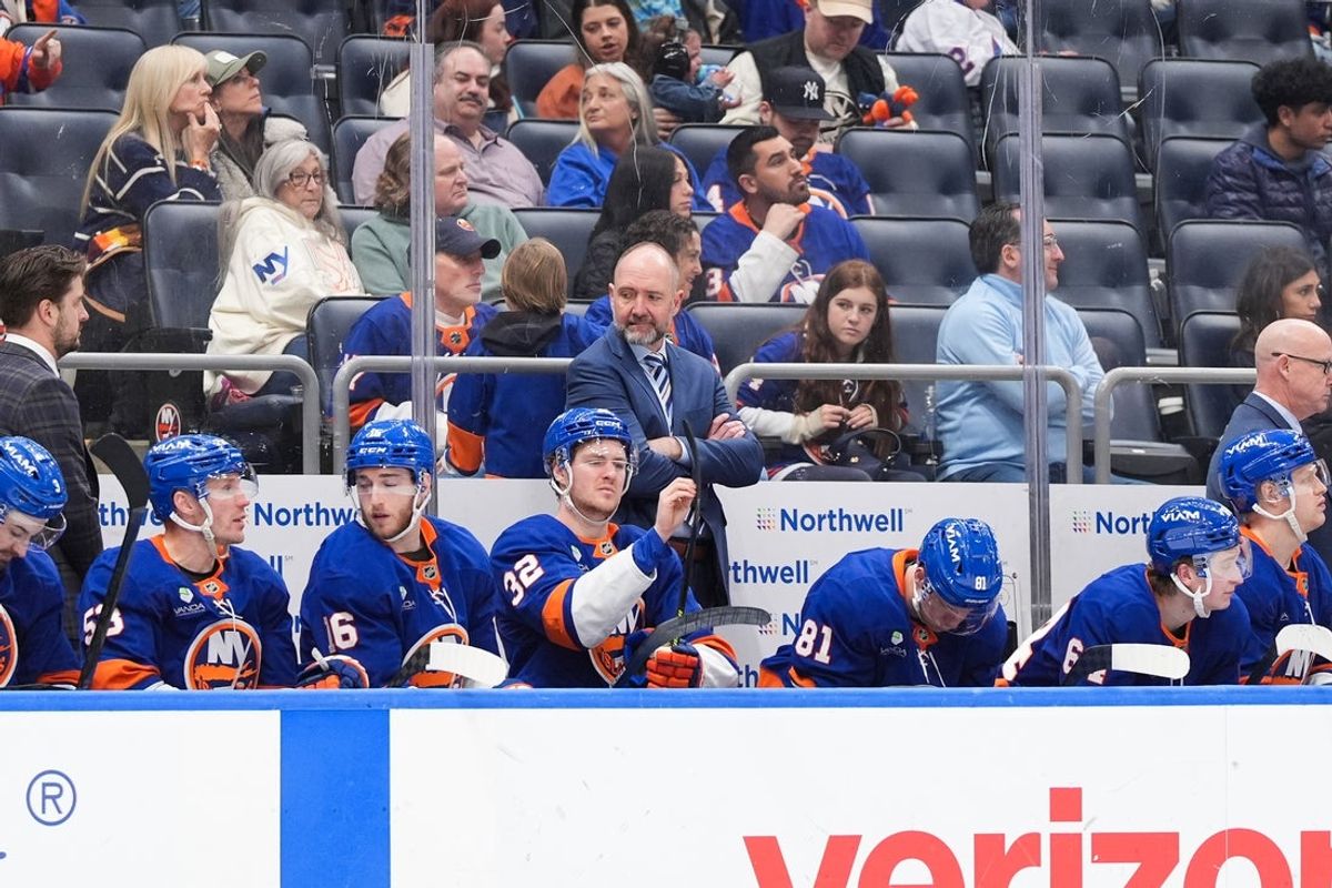 Apr 11, 2026; Elmont, New York, USA; New York Islanders head coach Peter DeBoer in the third period against the Ottawa Senators at UBS Arena. Mandatory Credit: Alexander Wohl-Imagn Images