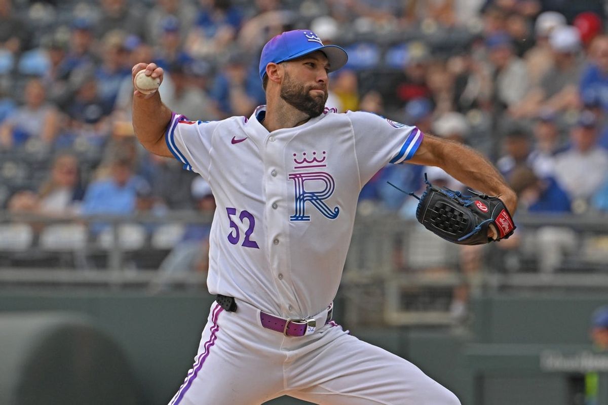 Apr 11, 2026; Kansas City, Missouri, USA;  Kansas City Royals starting pitcher Michael Wacha (52) throws a pitch in the first inning against the Chicago White Sox at Kauffman Stadium. Mandatory Credit: Peter Aiken-Imagn Images