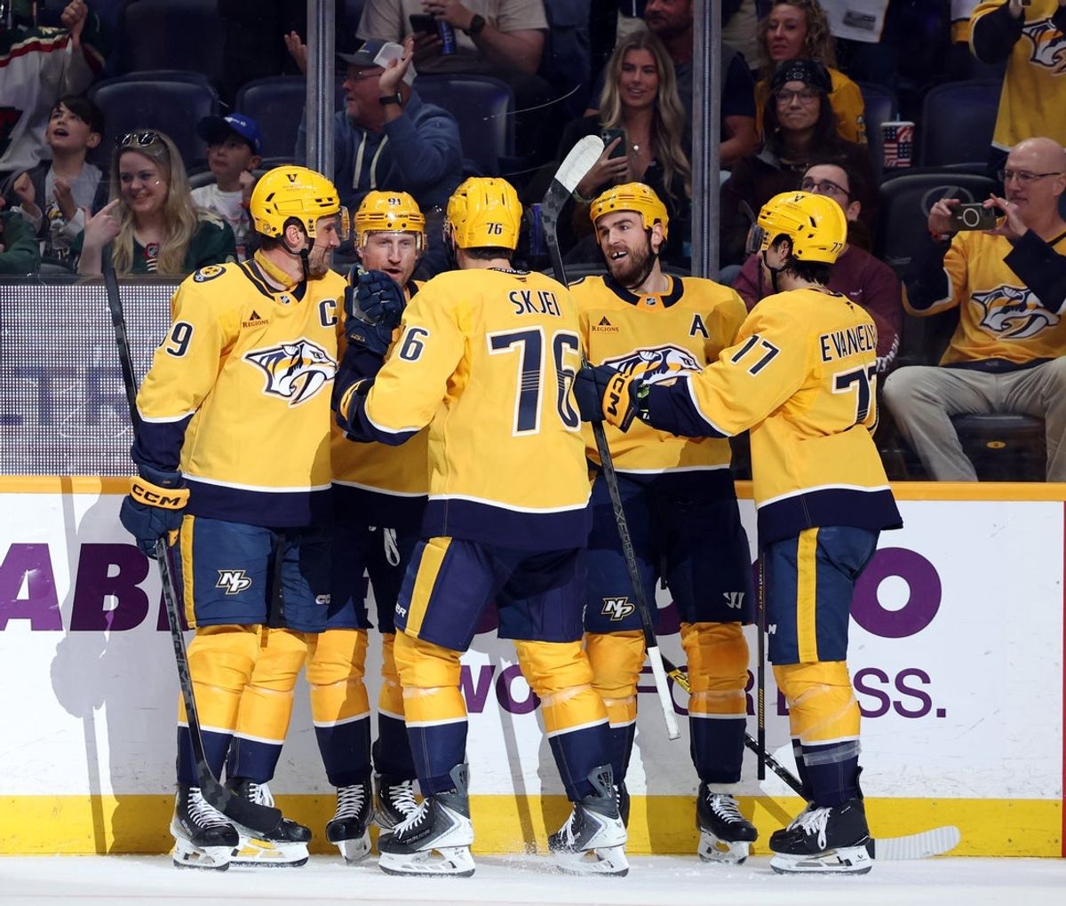 Apr 11, 2026; Nashville, Tennessee, USA; The Nashville Predators celebrate a goal by Nashville Predators center Steven Stamkos (91) during the first period of their game against the Minnesota Wild at Bridgestone Arena. Mandatory Credit: Alan Poizner-Imagn Images
